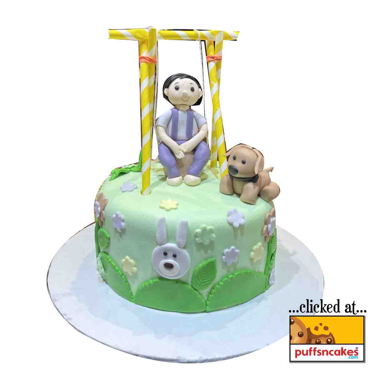 (1380) Boy On Swing With Dog Theme Fondant Cake